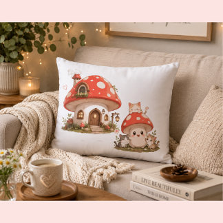 Cute Mushroom House Throw Pillow | Whimsical Cotta