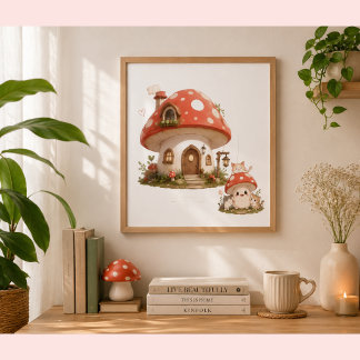 Cute Mushroom House Wall Art Poster | Whimsical Co