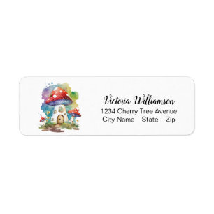 Cute Mushroom House Whimsical Watercolor Custom Label