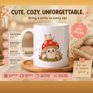 Cute Mushroom & Kittens Coffee Mug – Whimsical Cot