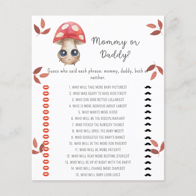 Cute mushroom - mommy or daddy baby shower game (Front)