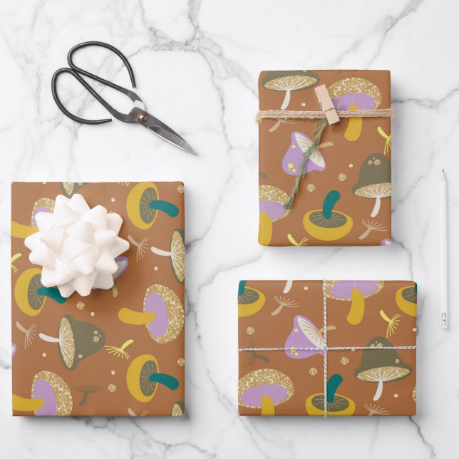 Cute Mushroom Pattern Autumn Gold Glitter Wrapping Paper Sheets (Front)