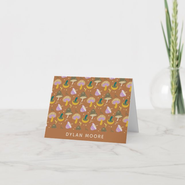 Cute Mushroom Pattern Autumn Gold Personalized Note Card (Front)