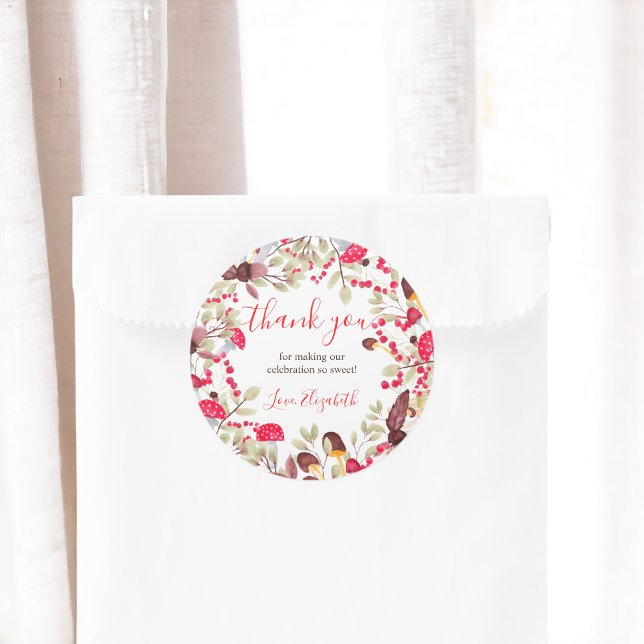 Cute mushroom rustic forest thank you baby shower classic round sticker (Cute mushroom rustic forest thank you baby shower classic round sticker)