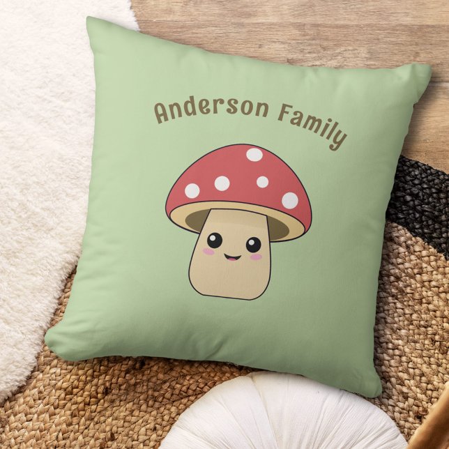Cute Mushroom Throw Pillow (Cute Mushroom Green Pillow)