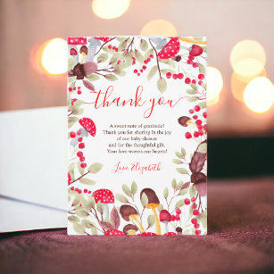 Cute mushroom watercolor rustic forest baby shower thank you card