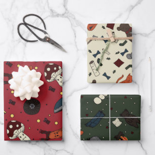 Cute Mushrooms and Bear, Hedgehog, Mouse Winter Wrapping Paper Sheets