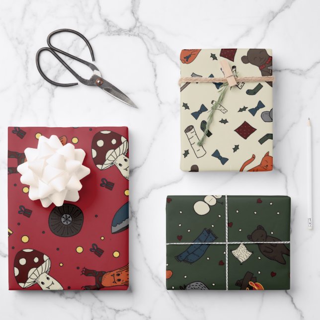 Cute Mushrooms and Bear, Hedgehog, Mouse Winter Wrapping Paper Sheets (Front)