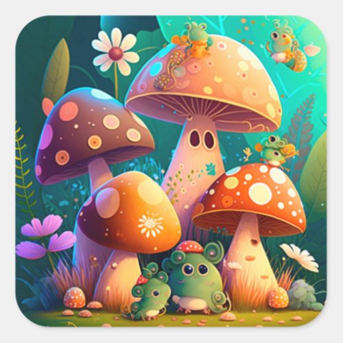 Cute mushrooms and flowers bugs green Paper Sheet Square Sticker