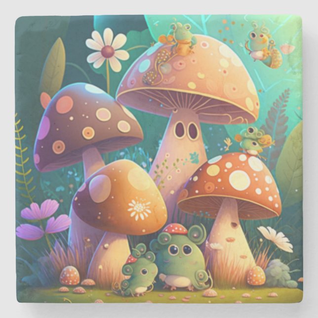 Cute mushrooms and flowers bugs green      stone coaster (Front)