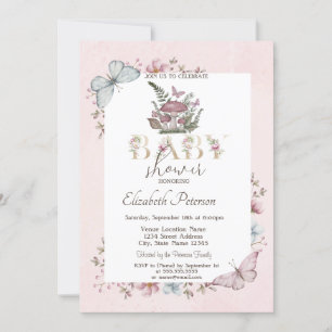 Cute Mushrooms Butterflies Pink Baby Shower Invitation
