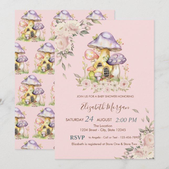 Cute Mushrooms Floral Baby Shower  Invitation (Front/Back)