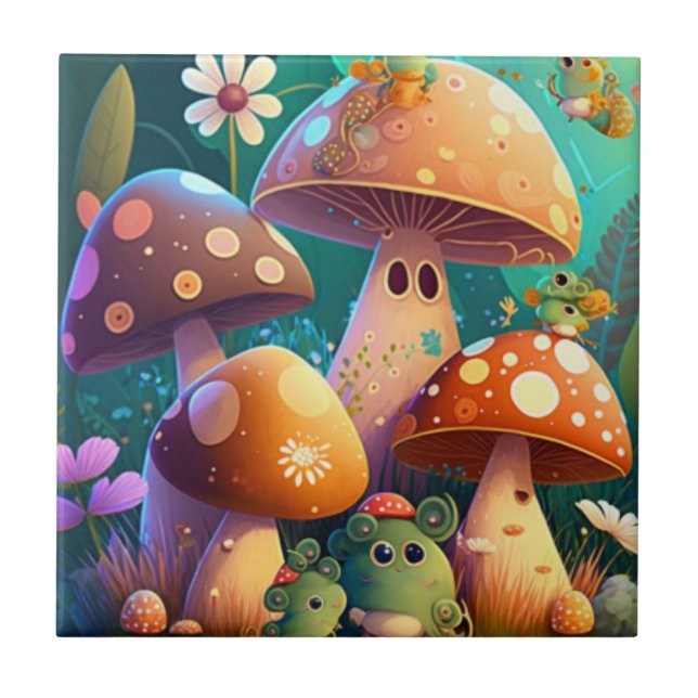 Cute mushrooms in the forest  ceramic tile (Front)