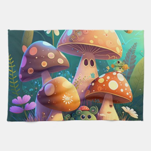Cute mushrooms in the forest  kitchen towel
