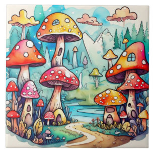 Cute mushrooms leaves cottage core design ceramic tile