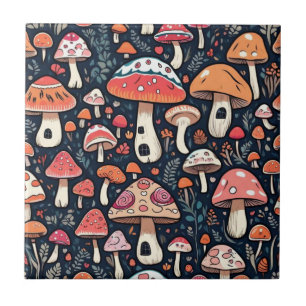Cute mushrooms leaves cottage core design ceramic tile
