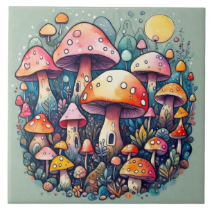 Cute mushrooms leaves cottage core design ceramic tile