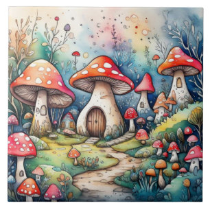 Cute mushrooms leaves cottage core design ceramic tile