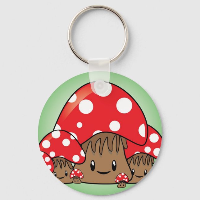 Cute Mushrooms on green background Keychain (Front)