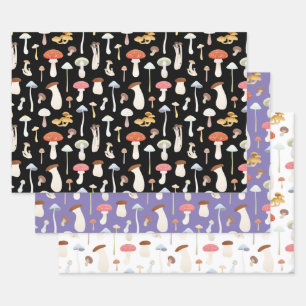 Cute Mushrooms Pattern in Black, Purple and White Wrapping Paper Sheets