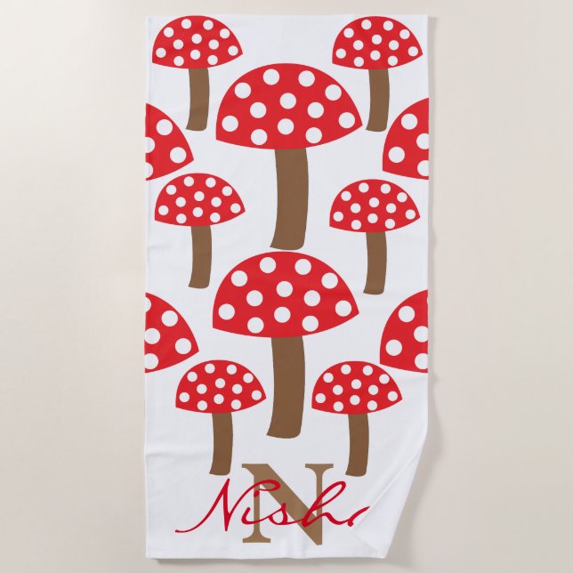 Cute Mushrooms Toadstool Monogram Beach Towel (Front)