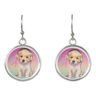 Cute Music Loving Golden Retriever  Earrings