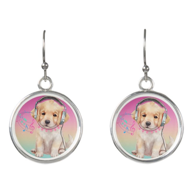 Cute Music Loving Golden Retriever  Earrings (Front)