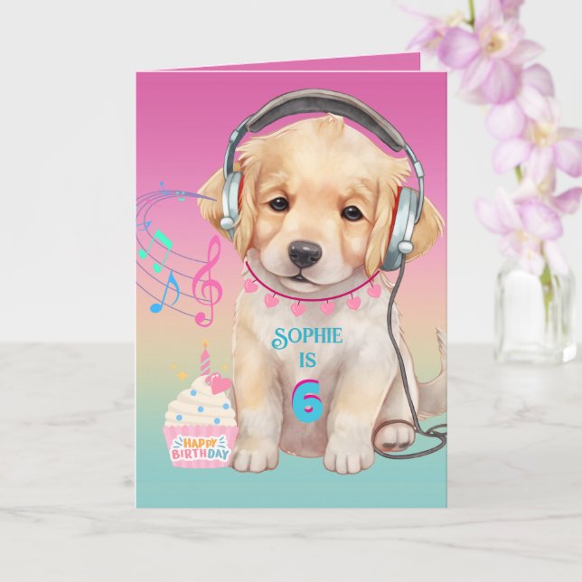 Cute Music Loving Golden Retriever Personalized Card (Orchid)