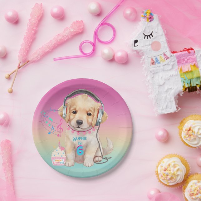 Cute Music Loving Golden Retriever Personalized Paper Plates (Party)