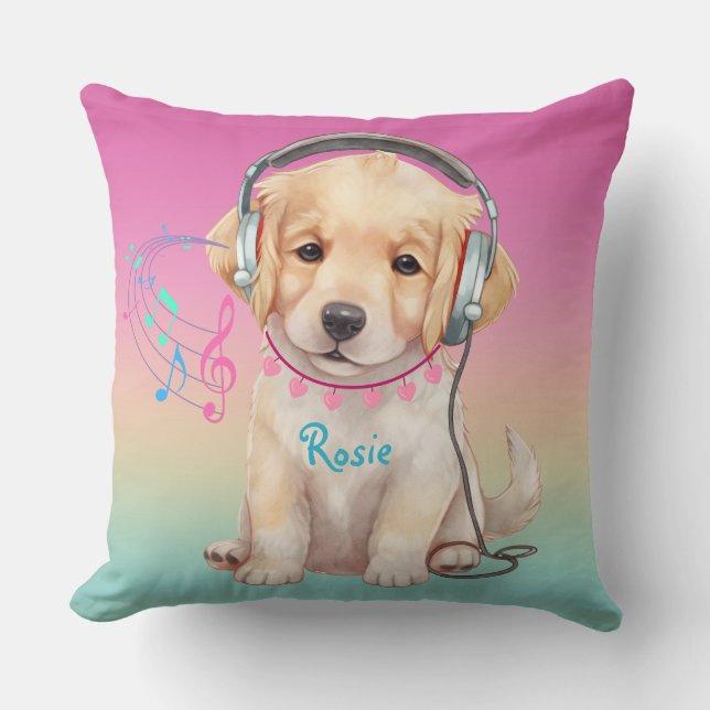 Cute Music Loving Golden Retriever Personalized Throw Pillow (Front)