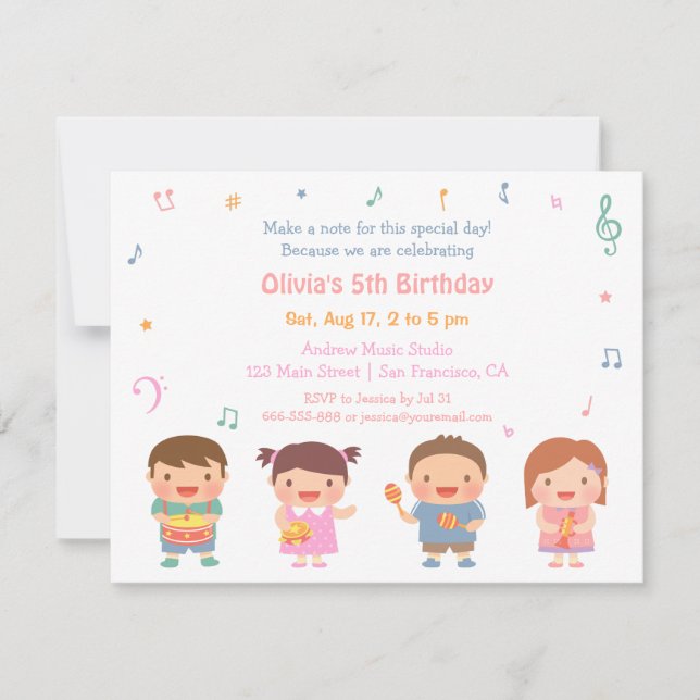 Cute Music Themed Kids Birthday Party Invitations (Front)