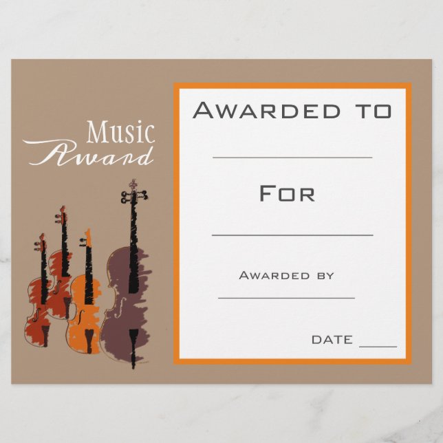 Cute Music violin award certificate music teacher (Front)