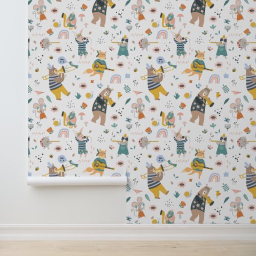 Cute Musical Animals Modern Kids Pattern Wallpaper
