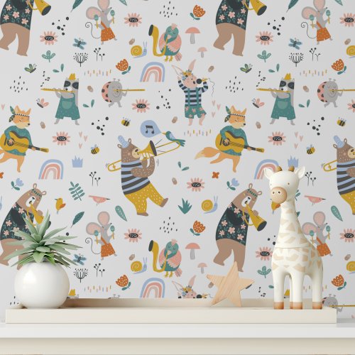 Cute Musical Animals Modern Kids Pattern Wallpaper