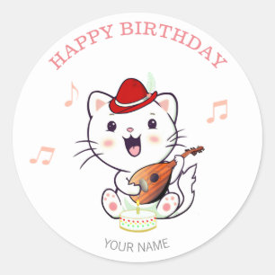 Cute Musical Cat with Mandolin Birthday Classic Round Sticker