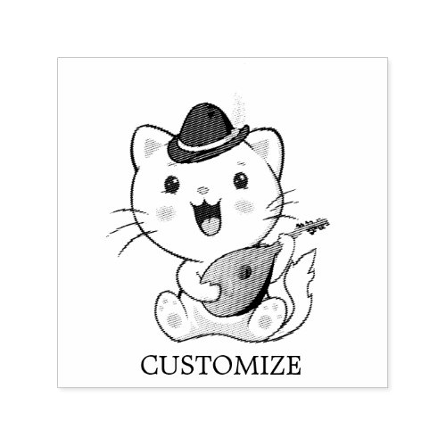 Cute Musical Cat with Mandolin Self_inking Stamp