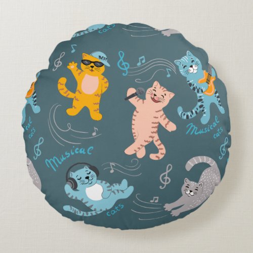 Cute Musical Cats Pattern Kids Bedroom Round Pillow