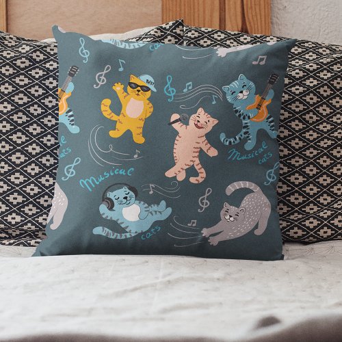 Cute Musical Cats Pattern Kids Bedroom Throw Pillow