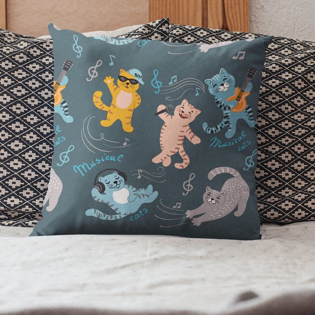 Cute Musical Cats Pattern Kids Bedroom Throw Pillow (Creator Uploaded)