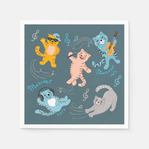 Cute Musical Cats Pattern Kids Birthday Party Napkins