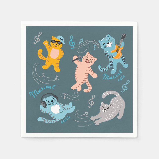 Cute Musical Cats Pattern Kids Birthday Party Napkins (Front)