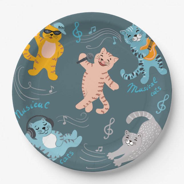 Cute Musical Cats Pattern Kids Birthday Party Paper Plates (Front)