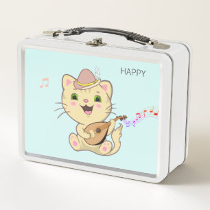 Cute Musical Ginger Caramel Tabby Cat Metal Lunch Box