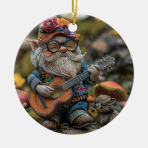 Cute musical gnome playing a guitar  ceramic ornament
