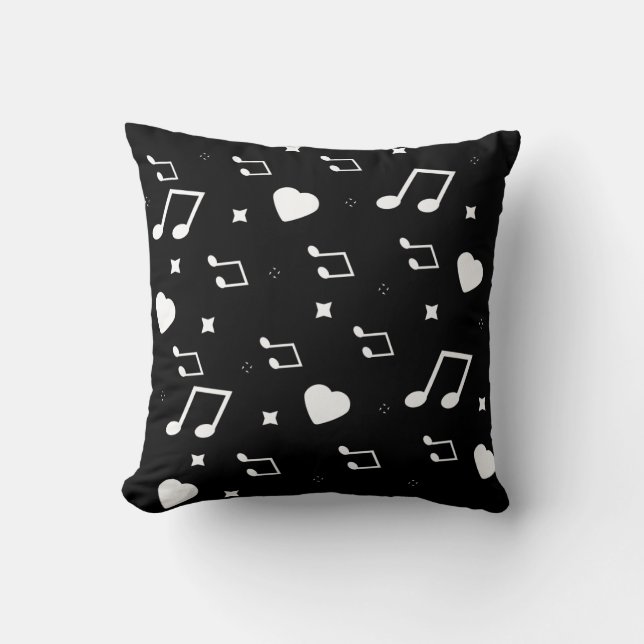 Cute Musical Hearts and Stars Doodles Black Throw Pillow (Front)
