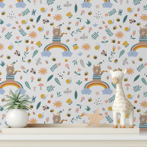 Cute Musical Rainbow Bear Modern Kids Pattern Wallpaper