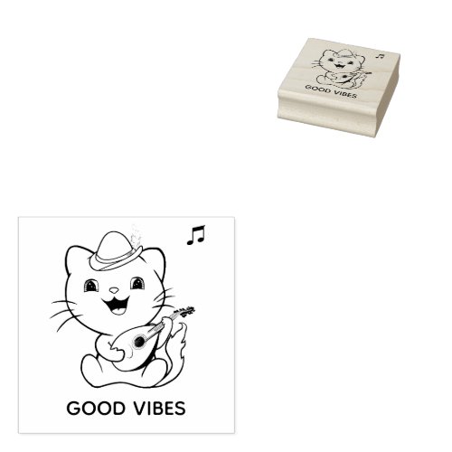 Cute Musical Tabby Cat with Mandolin Rubber Stamp