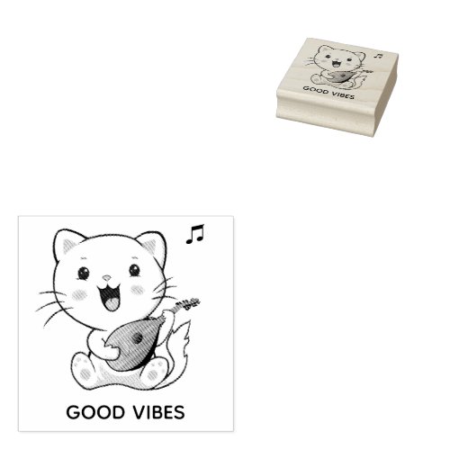 Cute Musical Tabby Cat with Mandolin Rubber Stamp