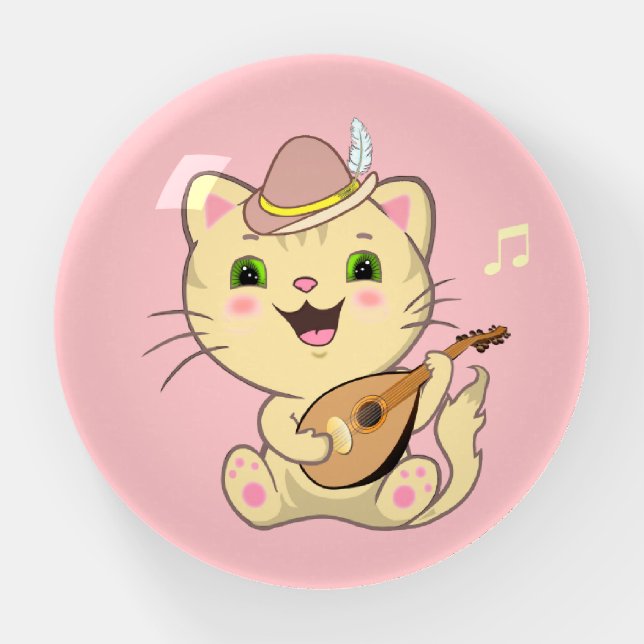 Cute Musical Tabby Ginger Caramel Cat on Pink Paperweight (Front)