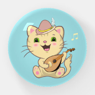 Cute Musical Tabby Ginger Caramel Cat on Turquoise Paperweight